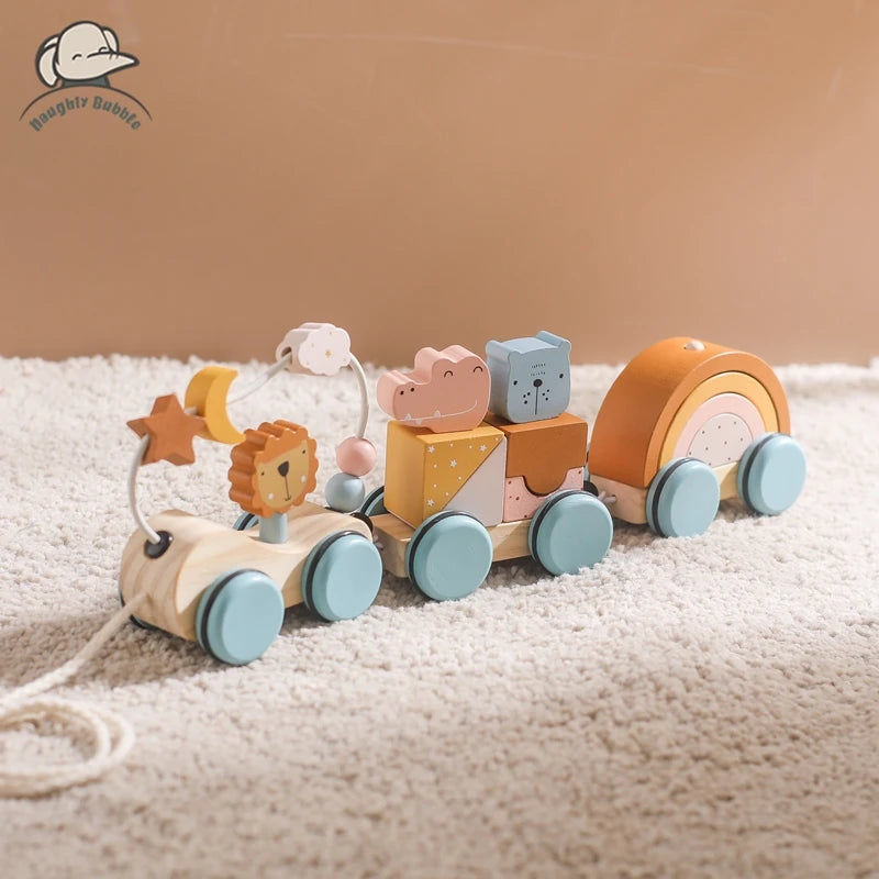 Baby Montessori Toys Wooden Train Educational Rainbow Blocks Trolley Baby Learning Toys
