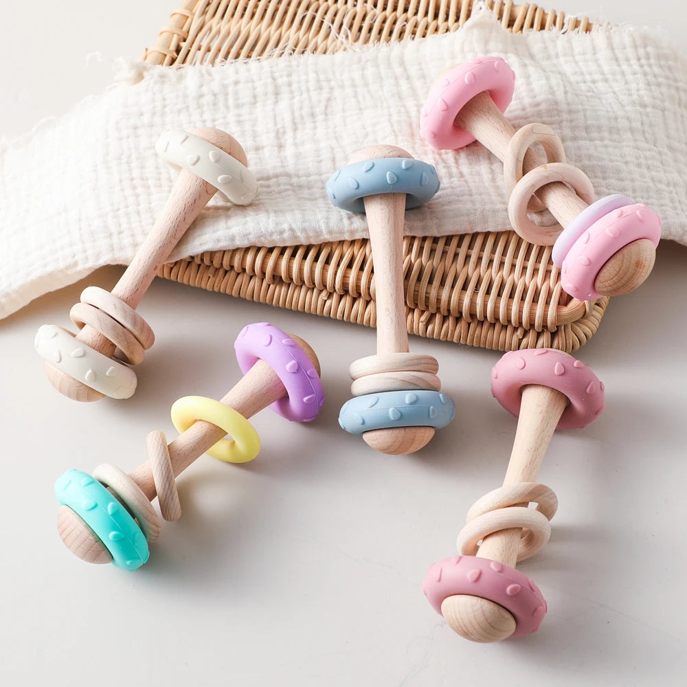 Baby Silicone Teething Toy – Upgraded Rattle, Natural Wood, Food Grade & Gnawable, Easy to Clean, Sensory Training for Infants