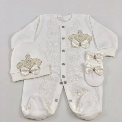 Baby Prince Welcome Home 3pcs Crown Layette Hospital Exit Newborn Outfits Swaddle Set Hello World I'm new Cotton