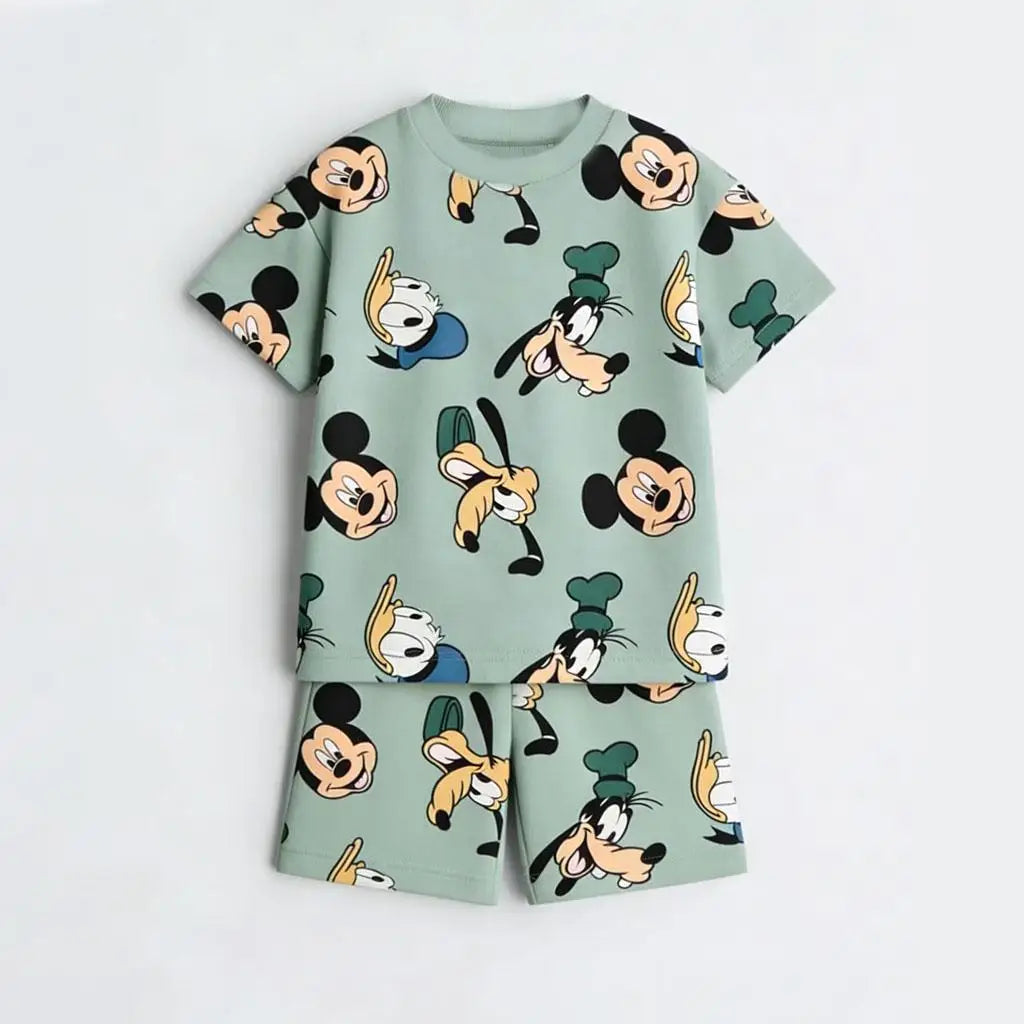 Disney Mickey Children's Sports Set Cartoon Fashion Loose Girl Baby Boy Short Sleeve Round Neck T-shirt+shorts Two Piece Set