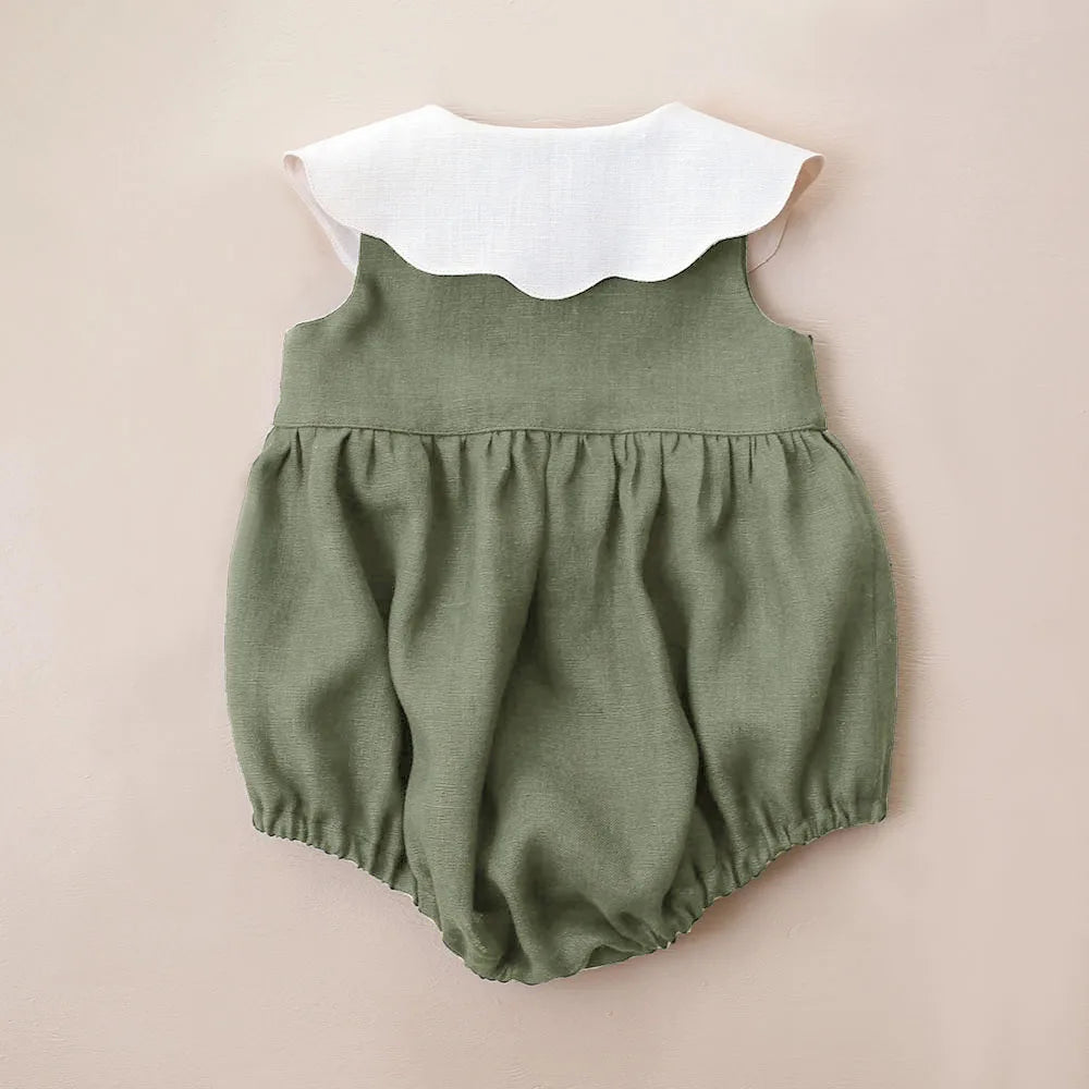 Baby Girls Cotton Linen Romper, Sleeveless Embroidered Summer Outfit (0–2 Years)