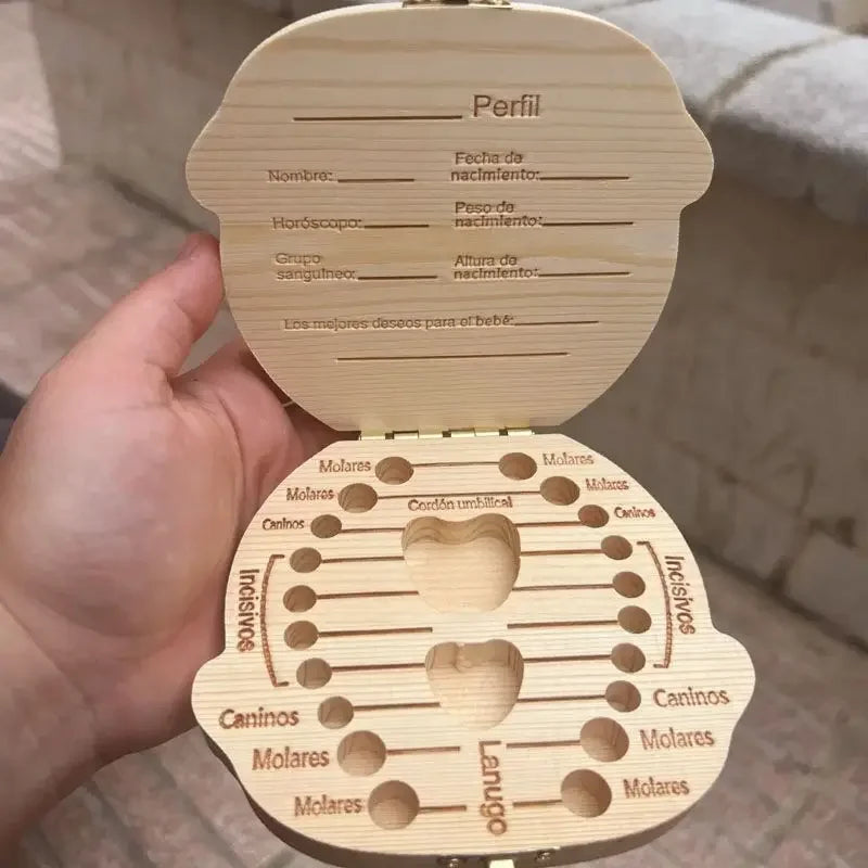 1pcs English&Spanish Baby Wood Tooth Box Organizer Milk Teeth Storage Collect Teeth Umbilica Save Gifts Baby Tooth Box