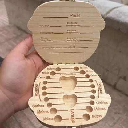 1pcs English&Spanish Baby Wood Tooth Box Organizer Milk Teeth Storage Collect Teeth Umbilica Save Gifts Baby Tooth Box