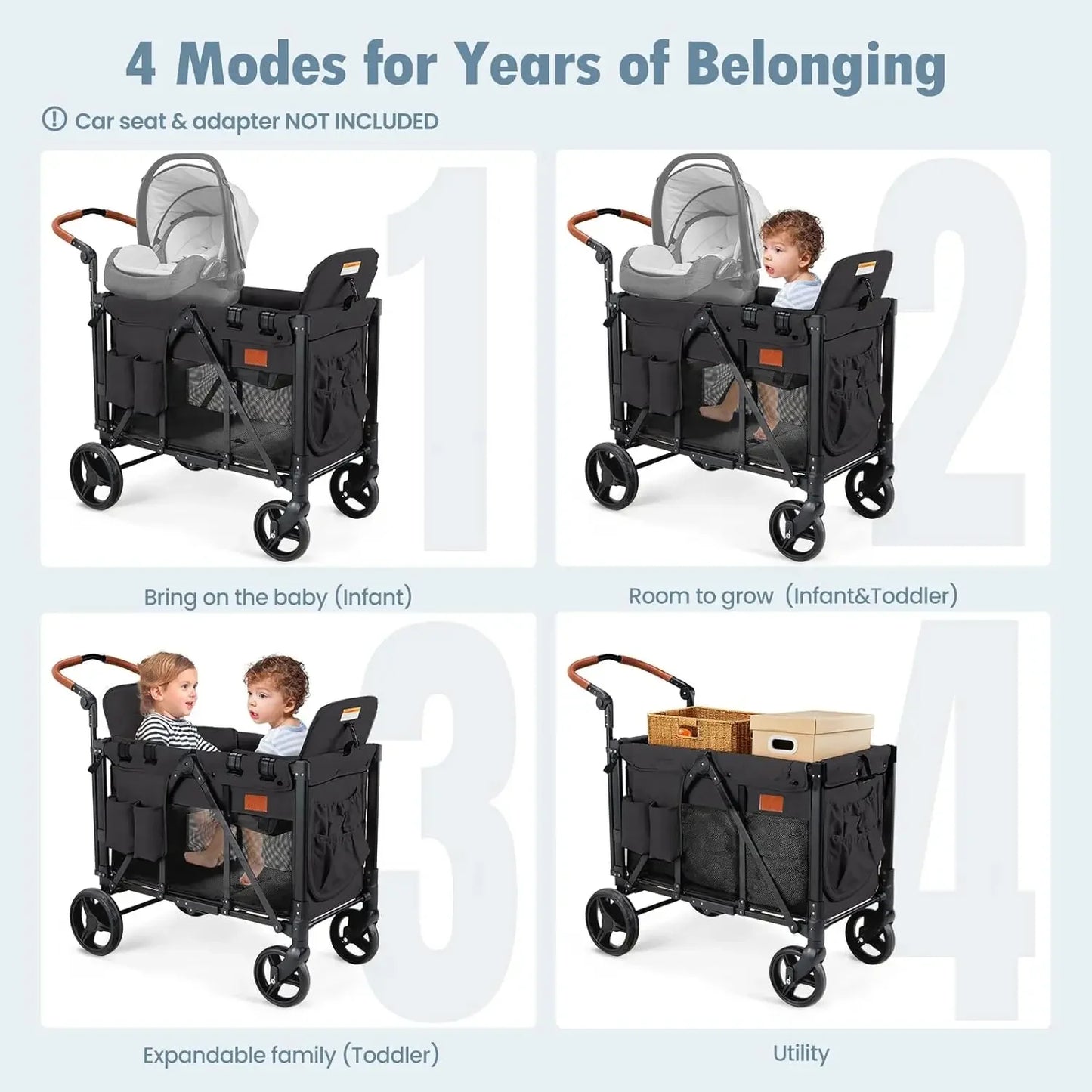 Wagon Stroller for 2 Kids, High Seat & 5 Point Harness, Foldable All-Terrain Wagon for Toddler with Canopy, Parent Organizer