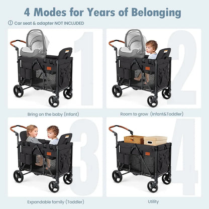 Wagon Stroller for 2 Kids, High Seat & 5 Point Harness, Foldable All-Terrain Wagon for Toddler with Canopy, Parent Organizer