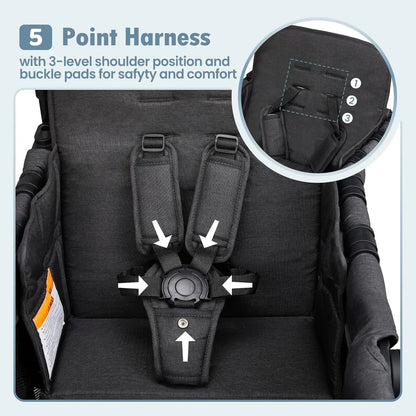 Wagon Stroller for 2 Kids, High Seat & 5 Point Harness, Foldable All-Terrain Wagon for Toddler with Canopy, Parent Organizer