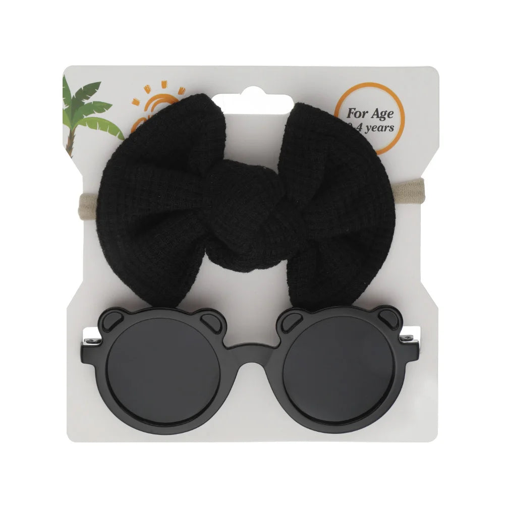 2Pcs/Set Bear Baby Sunglasses Waffle Topknot Hair Bows Headbands Sun Protection Shadow Glasses Kids Fashion Hair Accessories