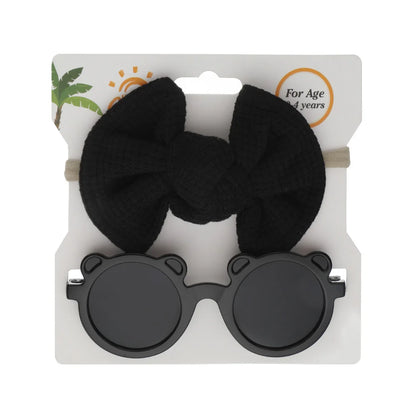 2Pcs/Set Bear Baby Sunglasses Waffle Topknot Hair Bows Headbands Sun Protection Shadow Glasses Kids Fashion Hair Accessories