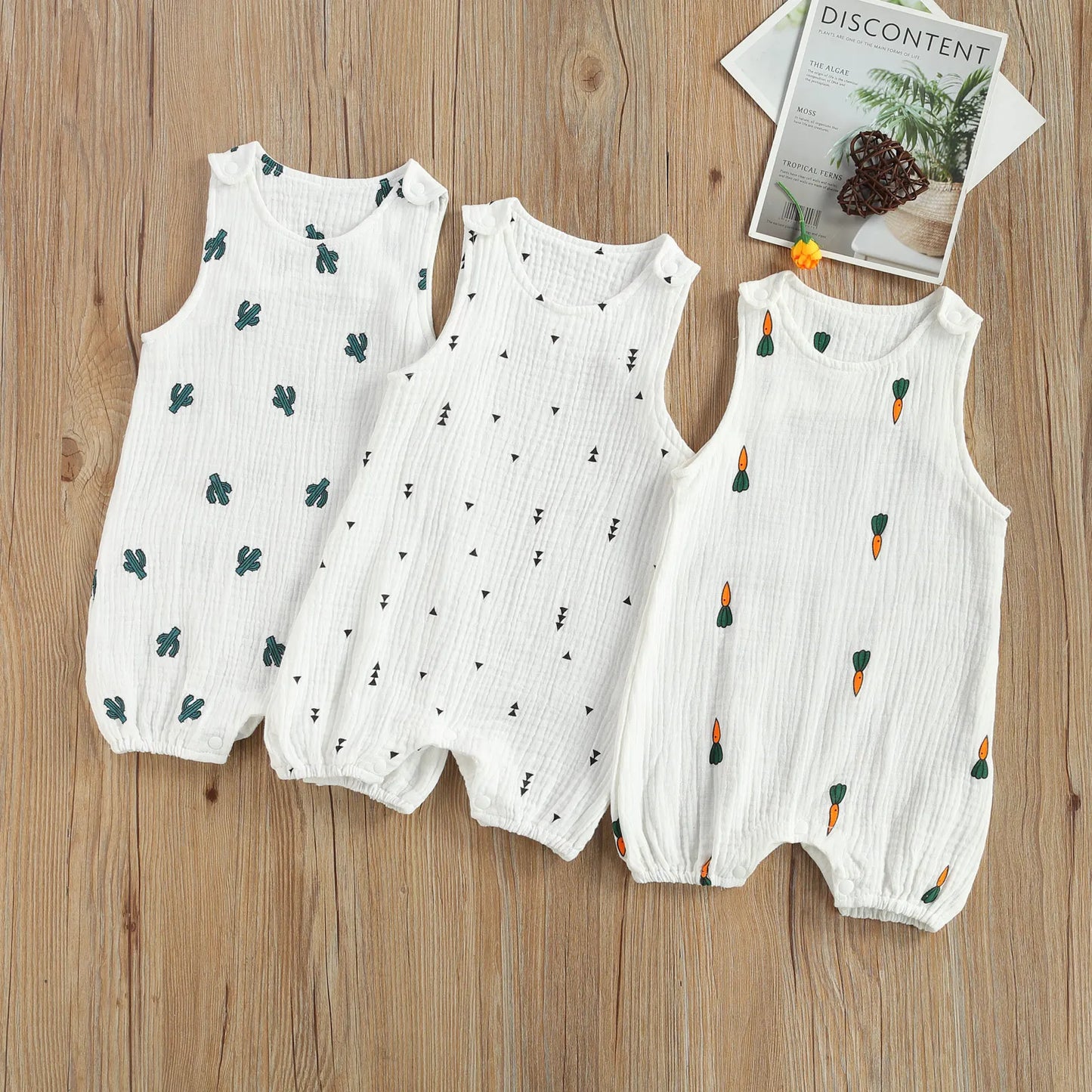 Baby Sleeveless Romper, Cotton Muslin Linen Cactus Print Jumpsuit for Boys and Girls