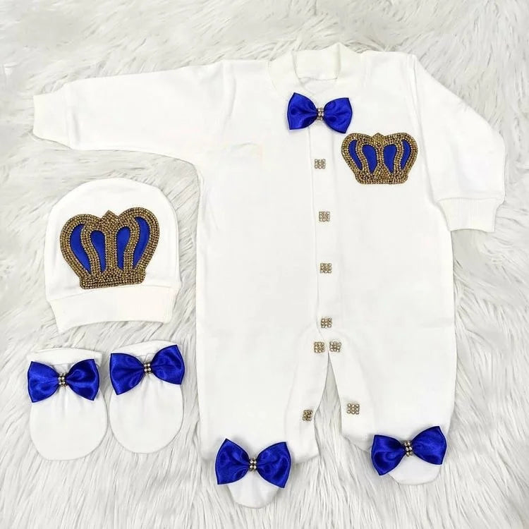 Baby Prince Welcome Home 3pcs Crown Layette Hospital Exit Newborn Outfits Swaddle Set Hello World I'm new Cotton