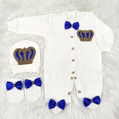 Baby Prince Welcome Home 3pcs Crown Layette Hospital Exit Newborn Outfits Swaddle Set Hello World I'm new Cotton