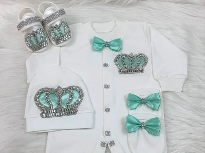 Light Pink Newborn Baby Personalized Name Outfits 4 Pieces Welcome Home Hospital Crown Jewelry Romper Set Layette