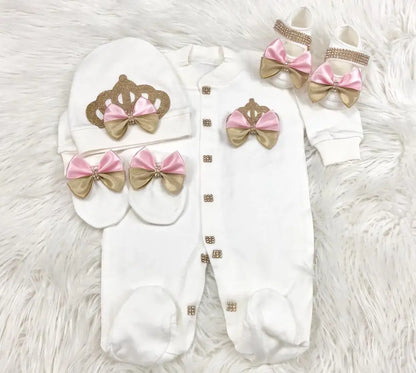 Light Pink Newborn Baby Personalized Name Outfits 4 Pieces Welcome Home Hospital Crown Jewelry Romper Set Layette