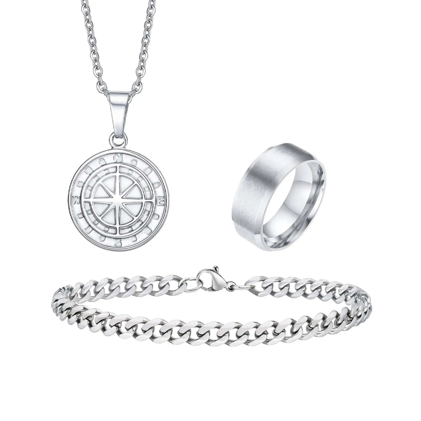 3pcs Classic Compass Necklace Set Gift for Men,Silver Gold Color Stainless Steel Bracelet Ring,Simple Jewelry Set
