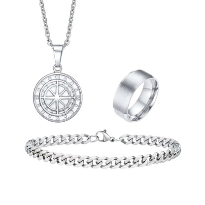3pcs Classic Compass Necklace Set Gift for Men,Silver Gold Color Stainless Steel Bracelet Ring,Simple Jewelry Set