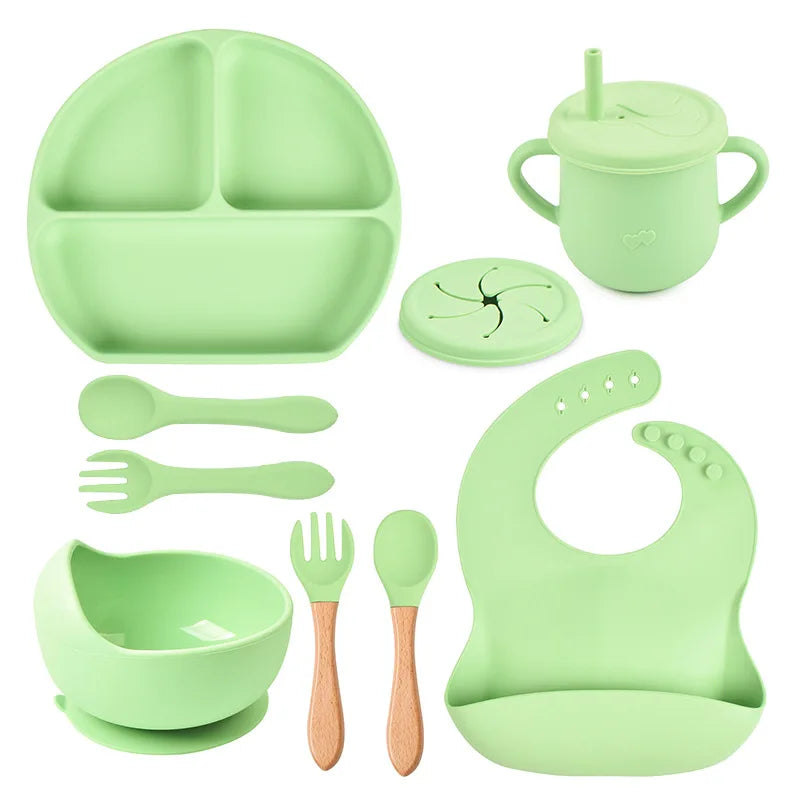 3/9Pcs Baby Tableware Set Food Grade Silicone Baby Dishes for Children's Cute Print Bib Bowl Non-Slip Plates with Sucker BPAFREE