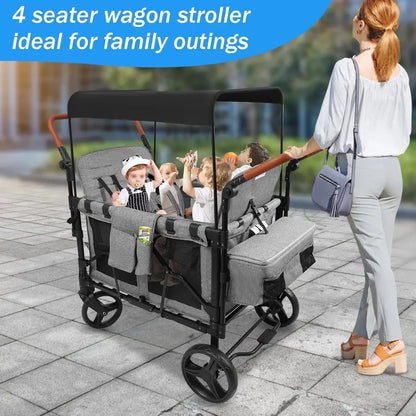All-Terrain 4-Child Wagon Stroller with Removable 5-Point Harness and Storage Organizer, Suitable for Outdoor Activities