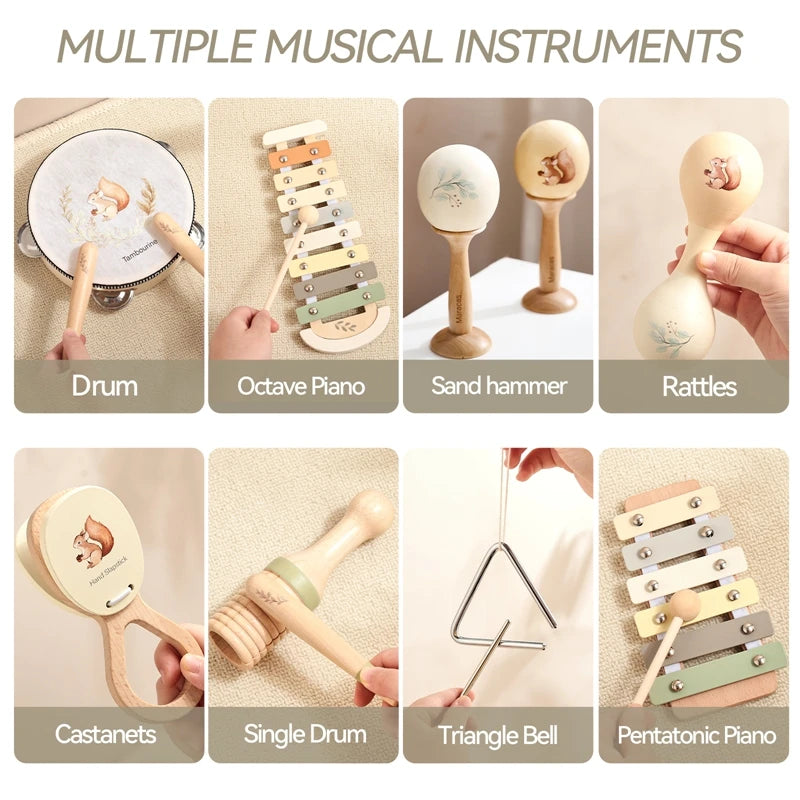 Wooden Montessori Musical Instruments for Baby, Xylophone, Rattle, Drum, Music Enlightenment, Educational Toys