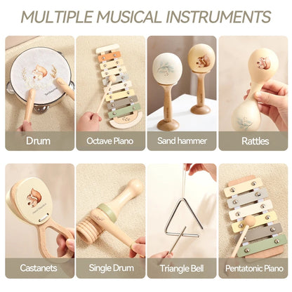 Wooden Montessori Musical Instruments for Baby, Xylophone, Rattle, Drum, Music Enlightenment, Educational Toys