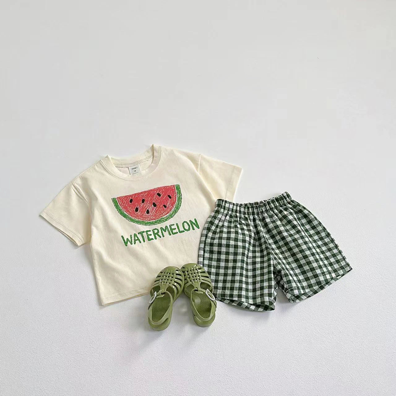 Fruit Pattern T-shirt Children's Clothes Summer Fashion Casual Short Sleeve Suit Tees + Plaid Shorts Kids Outfits