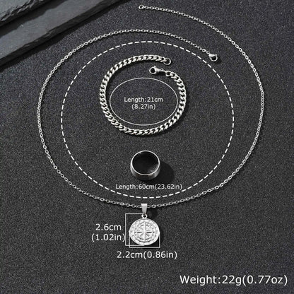 3pcs Classic Compass Necklace Set Gift for Men,Silver Gold Color Stainless Steel Bracelet Ring,Simple Jewelry Set