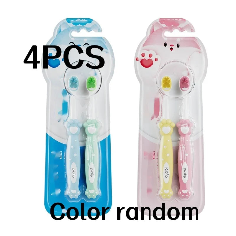 4Pcs Random Color Cartoon Cat Paw Children's Soft Bristle Toothbrush Protects Children's Dental Health Suitable