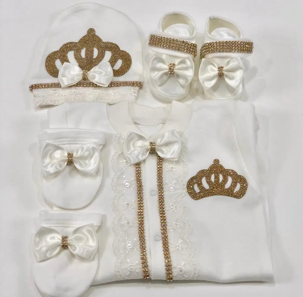 Light Pink Newborn Baby Personalized Name Outfits 4 Pieces Welcome Home Hospital Crown Jewelry Romper Set Layette