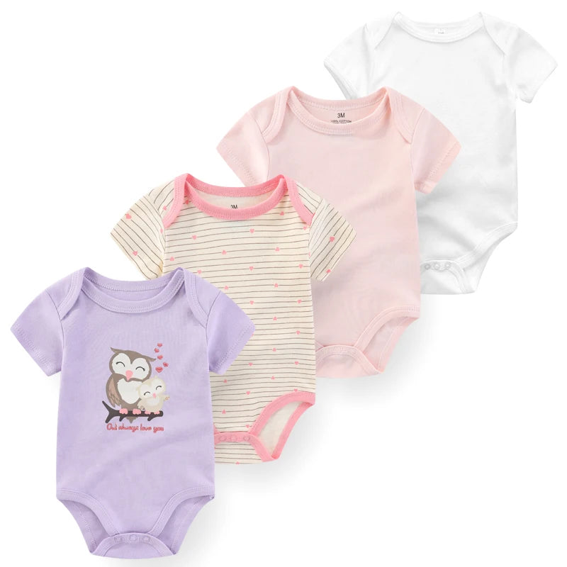 4-Piece Baby Romper Set, Soft Cotton Cartoon Print Short Sleeve Bodysuits for Newborn Boys and Girls (0–12M)