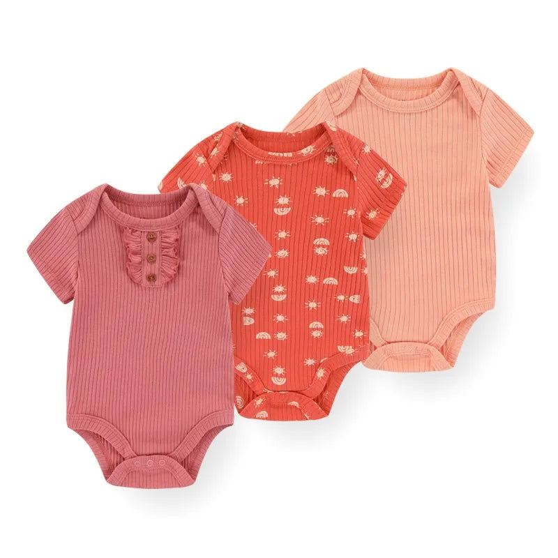 Cotton Newborn Baby Boy Clothes 3Pieces Summer 0-12M Cartoon Baby Girl Clothes Print Bodysuits Short Sleeve