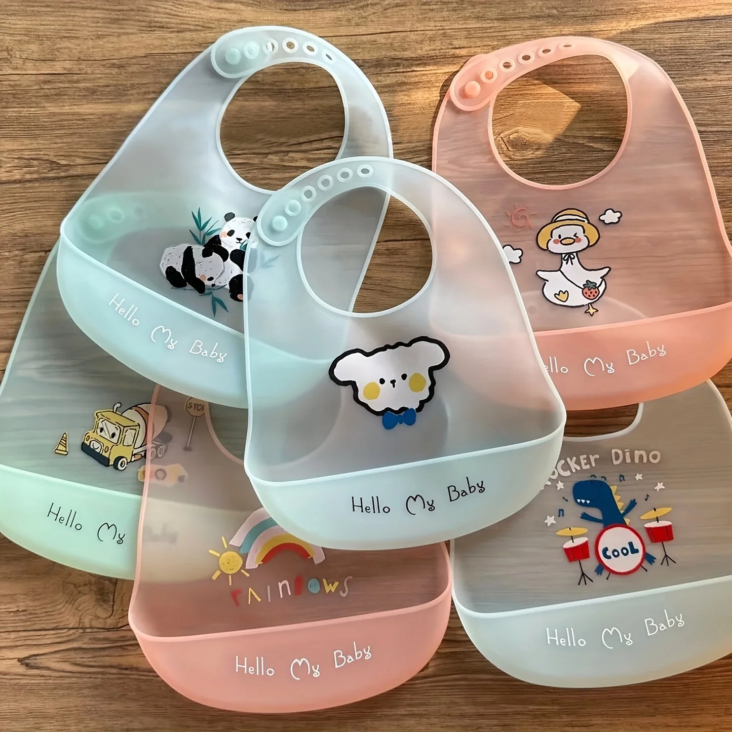 Waterproof Silicone Baby Bibs with Cute Cartoon Animal Prints, Adjustable Feeding Bib for Boys and Girls