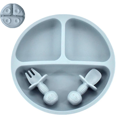 4Pcs/Set Baby Safe Silicone Dining Plate Solid Cute Cartoon Children Dishes Smile Face Baby Tableware Set Retro Kids Plate