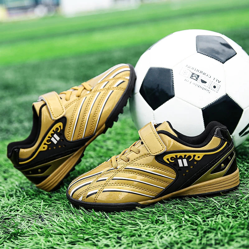 Fashion Gold Children's Shoes Outdoor Non-Slip Turf Soccer Shoes Kids HOOK&LOOP