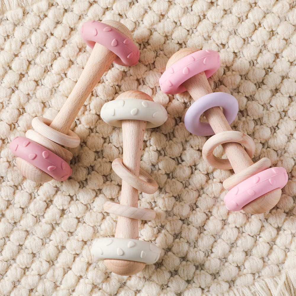 Baby Silicone Teething Toy – Upgraded Rattle, Natural Wood, Food Grade & Gnawable, Easy to Clean, Sensory Training for Infants