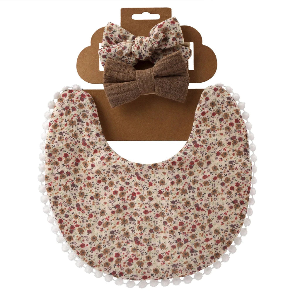 3Pcs/Set Cute Baby Girl Bibs Cotton Floral Infant Burp Cloth With Bow Headband Double Side Saliva Towel Newborn Accessories