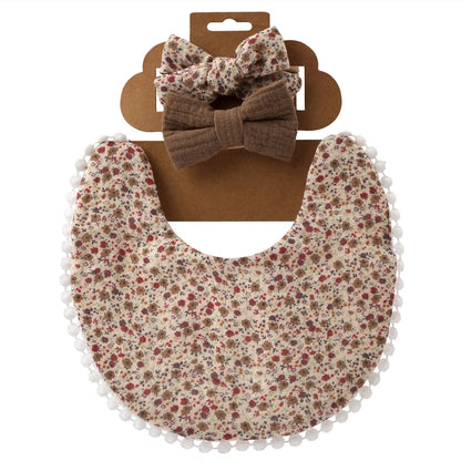 3Pcs/Set Cute Baby Girl Bibs Cotton Floral Infant Burp Cloth With Bow Headband Double Side Saliva Towel Newborn Accessories