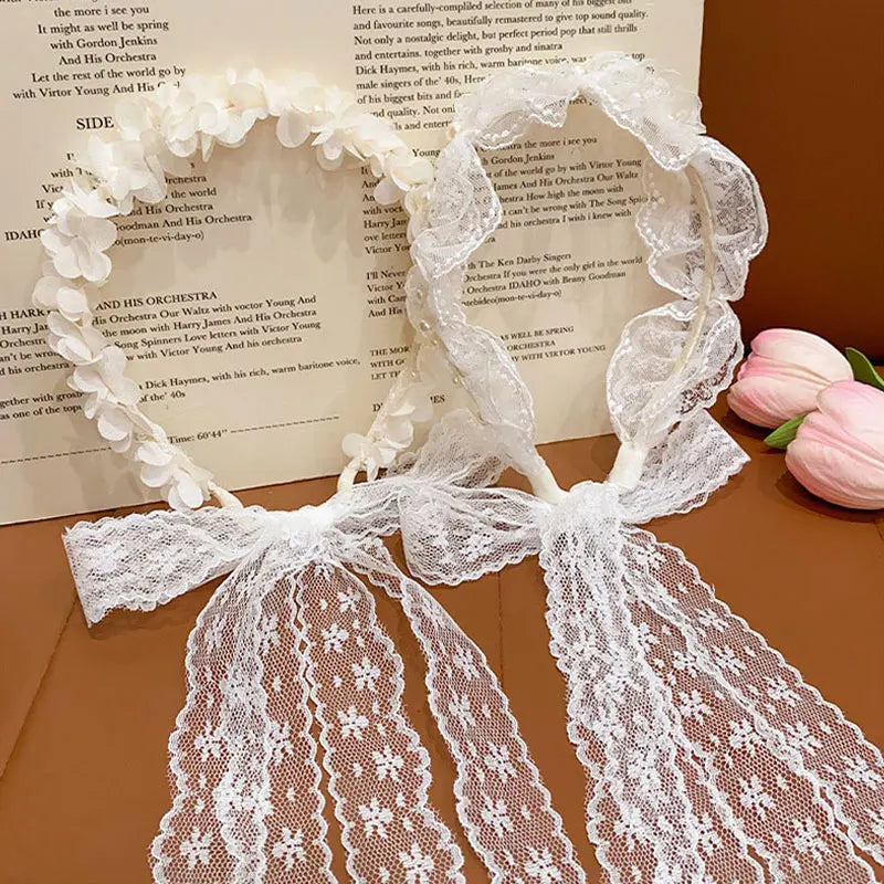 White Lace Hair Flower Butterfly Hairbands Princess Pearl Headbands