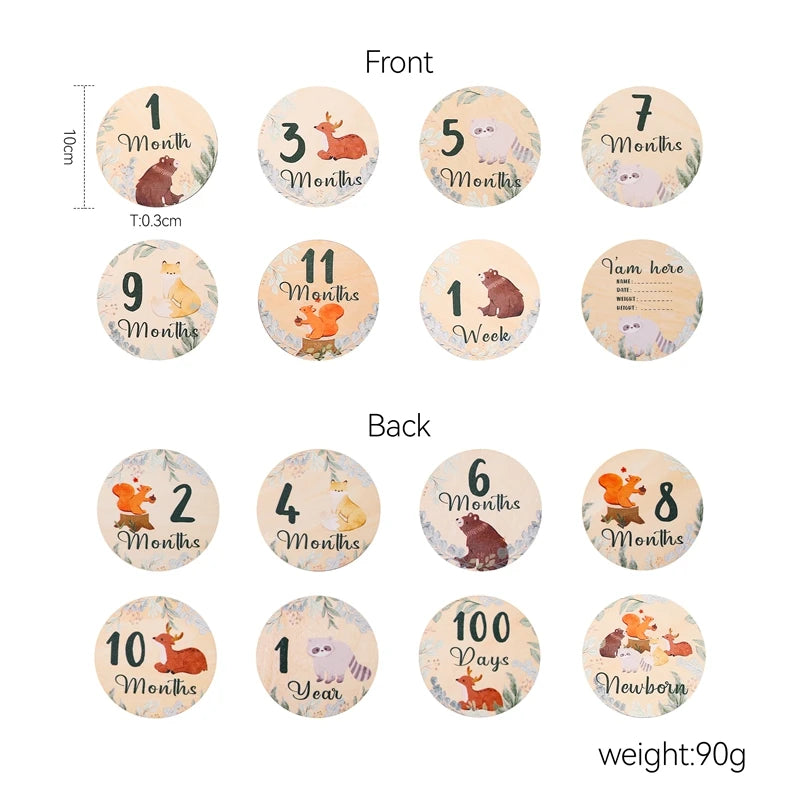 Newborn Baby Growth Milestones 0-12 Months Wooden Card With Box Photo Accessory Cartoon Animal Picture Souvenir Wooden Baby Gift