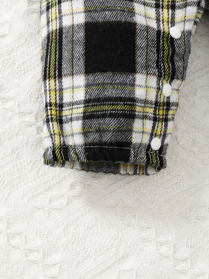 Newborn Literary Style Boy Baby Lapel False Strap Black Plaid Color Matching Jumpsuit Long Sleeve Button Cardigan Hat