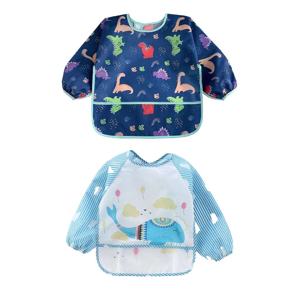 2pcs Waterproof Full Sleeve Baby Bibs Children Apron Long Sleeve Feeding Smock Kids Eating Breastplate Infant Scarf Clothing