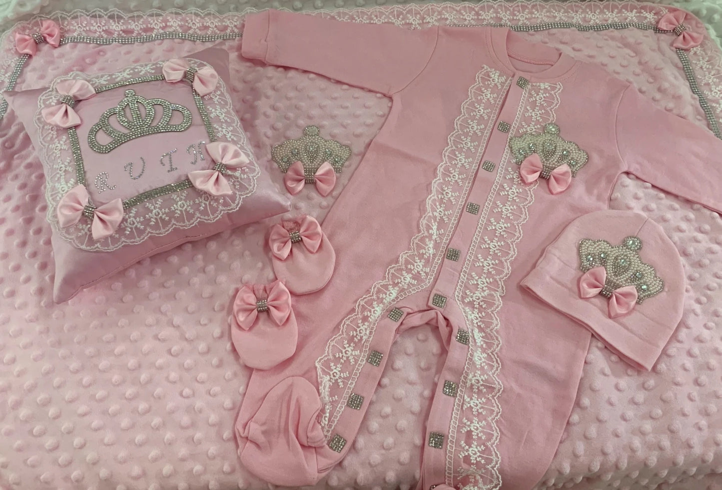 5pcs Baby Girl Outfits Set Welcome Home Hosptial Infant Receiving Blanket Pillow Bed Hat Mittens Romper Set