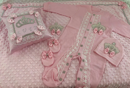 5pcs Baby Girl Outfits Set Welcome Home Hosptial Infant Receiving Blanket Pillow Bed Hat Mittens Romper Set