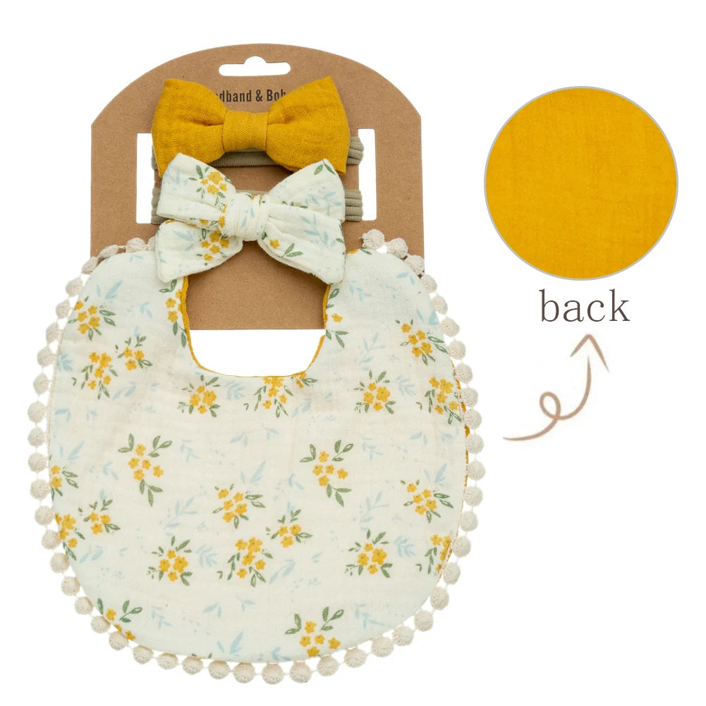 3-Piece Baby Bib & Headband Set, Double-Sided Feeding and Burp Cloth with Soft Nylon Bow Headbands