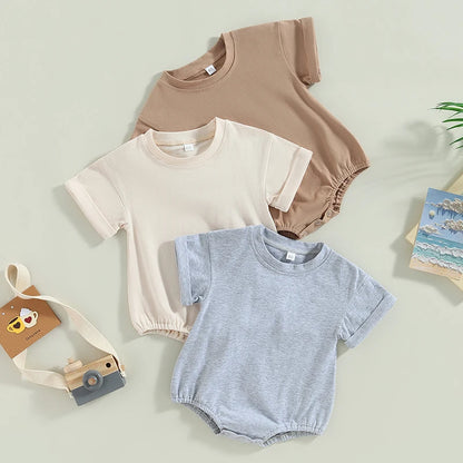 Baby Bodysuit Romper, Short Sleeve Solid Color Crewneck Pullover for Newborn Boys and Girls
