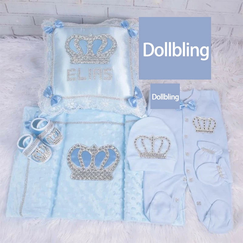 5pcs Baby Girl Outfits Set Welcome Home Hosptial Infant Receiving Blanket Pillow Bed Hat Mittens Romper Set