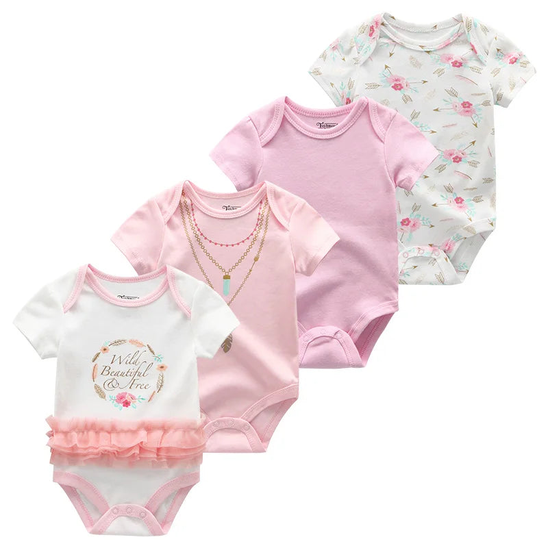 4-Piece Baby Romper Set, Soft Cotton Cartoon Print Short Sleeve Bodysuits for Newborn Boys and Girls (0–12M)