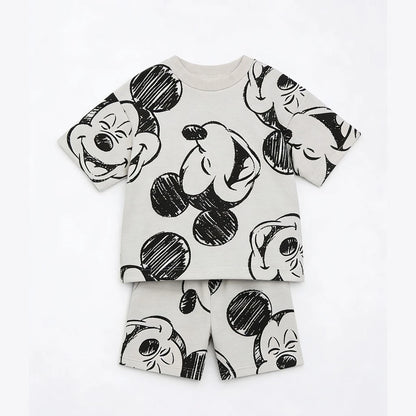 Disney Mickey Children's Sports Set Cartoon Fashion Loose Girl Baby Boy Short Sleeve Round Neck T-shirt+shorts Two Piece Set