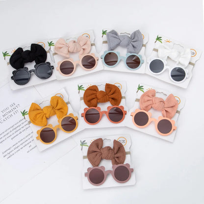 2Pcs/Set Bear Baby Sunglasses Waffle Topknot Hair Bows Headbands Sun Protection Shadow Glasses Kids Fashion Hair Accessories
