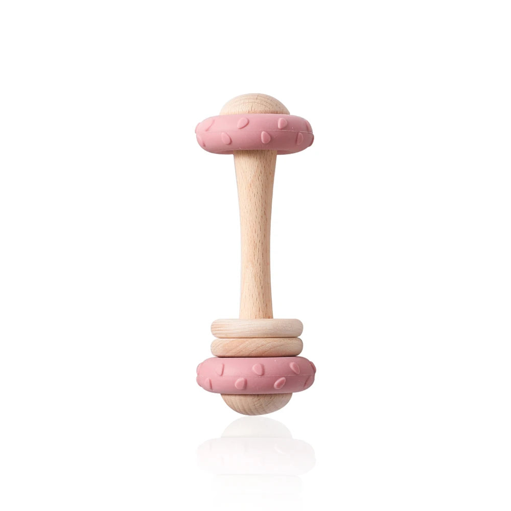 Baby Silicone Teething Toy – Upgraded Rattle, Natural Wood, Food Grade & Gnawable, Easy to Clean, Sensory Training for Infants