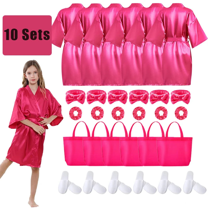6-15Pcs Spa Party Robes for Girls Supplies Favors Kids Gowns Robe Soft Spa Headband Sleepover Birthday Party