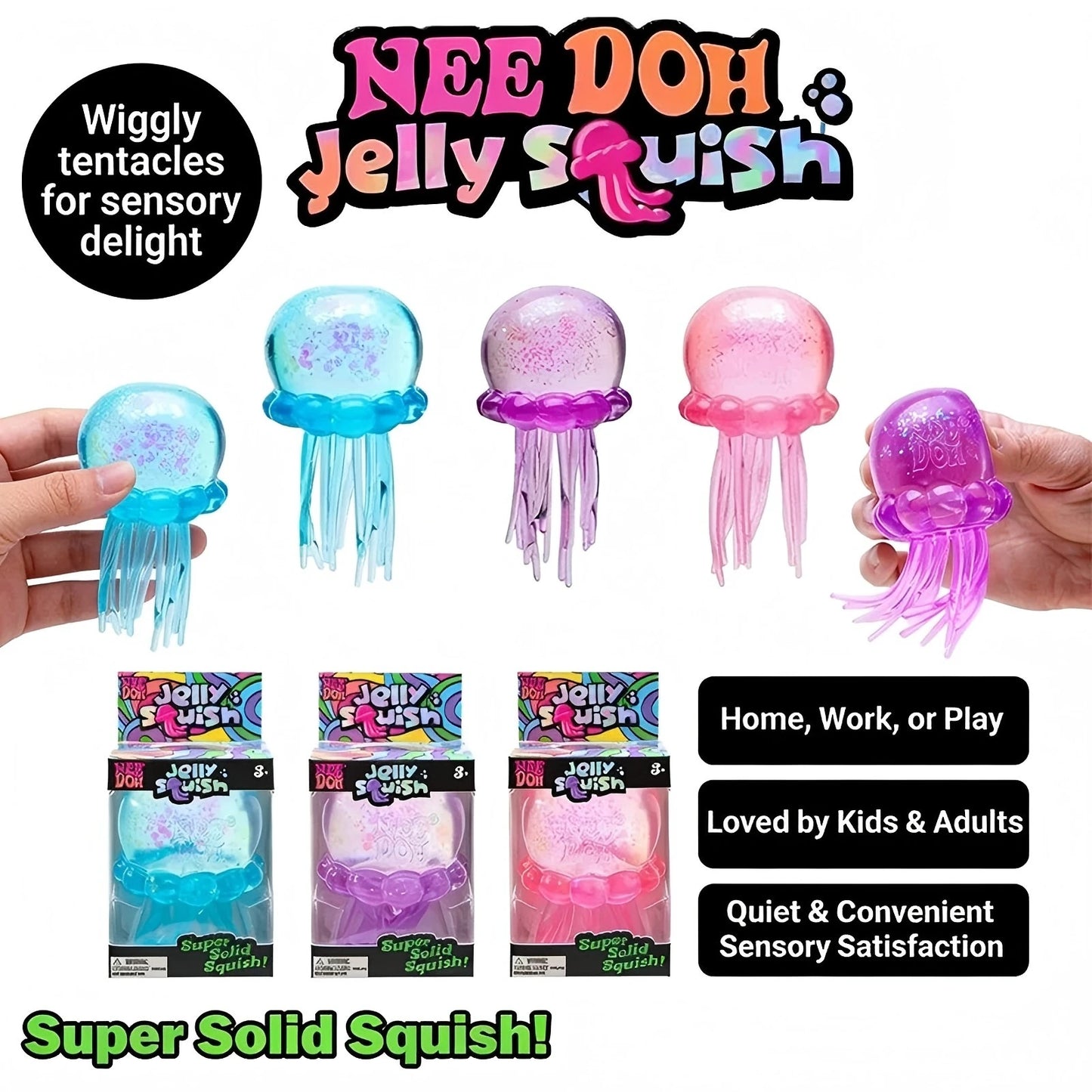 Nee Doh Jellyfish & Cube Squish Toy, Stress Relief Fidget Toy, Sensory for Kids & Adults